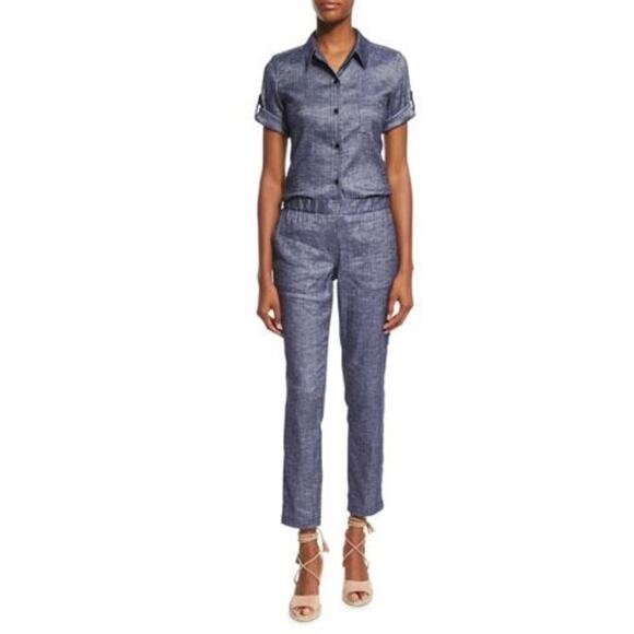 Theory Northsound Tierra Linen Pants 10 Washed Denim Blue Pull On Travel Crop - Picture 3 of 8